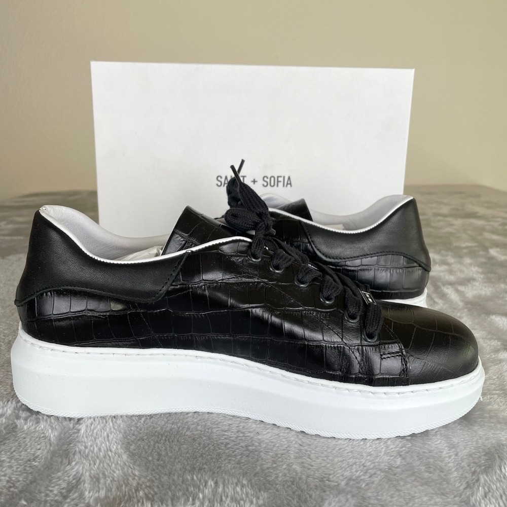 $189 Saint + Sofia Sneakers Sz 10 Hampstead Croc Leather Platform Chunky Black